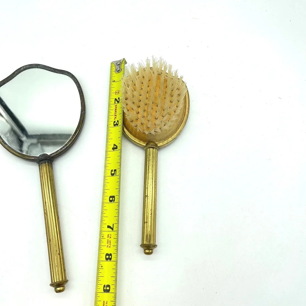 Vintage England Gold Tone Floral Brocade Hand Mirror and Brush‎ Vanity Set
